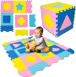 Humbi piankowa edukacyjna mata 3w1 z kojcem i kształtami 120 × 120 cm, różowa/żółta/niebieska