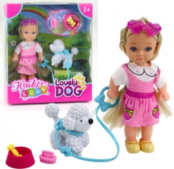 Mini lalka z pieskiem na smyczy i miską z kością