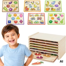 VIGA drewniane puzzle wkładane z uchwytami i stojakiem (6 plansz)