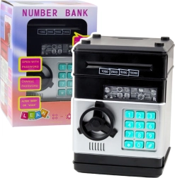 Czarny sejf szklana skarbonka z kodem PIN oraz efektami świetlnymi i dźwiękowymi