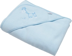 Dziecięcy ręcznik frotte z kapturem z haftem 100×100 niebieski żyrafa