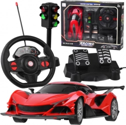 RC sportowy samochód z kierownicą, pedałami i sygnalizacją świetlną 1:16 – Czerwony