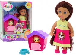 Mini lalka z długimi włosami i kolorową spódniczką z psem i budą