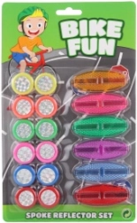 Kolorowe plastikowe akcesoria do roweru – zestaw odblasków i ozdobnych kółeczek
