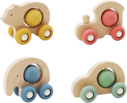 Drewniany samochodzik–zwierzątko z kuleczką