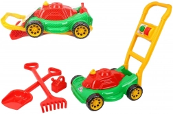 dziecięca plastikowa kosiarka do trawy z akcesoriami w siatce