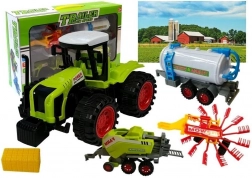 Zestaw pojazdów farmerskich z traktorem, cysterną, zgrabiarką do siana i prasą