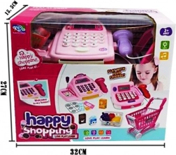 Kasa z wózkiem supermarketowym i zakupami