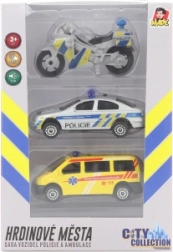 City Collection zestaw: motocykl policyjny, radiowóz i karetka ze światłem i dźwiękiem