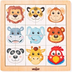 Woody drewniane puzzle z główkami egzotycznych zwierząt, 18 elementów
