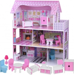 Różowy drewniany domek dla lalek z mebelkami i oświetleniem LED
