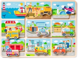 Drewniana układanka o tematyce transportu