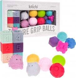 Sensoryczny zestaw piankowy dla dzieci 6m+ – piłeczki, klocki i zwierzątka, 16 szt.