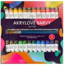 Farby akrylowe 24×12 ml z pędzlami, do ceramiki, szkła, drewna i papieru