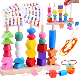 Drewniana edukacyjna układanka i zestaw do nawlekania 25 elementów