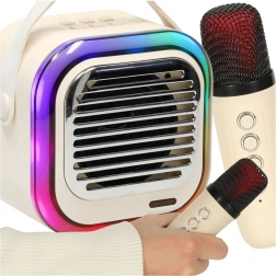 Zestaw karaoke z głośnikiem Bluetooth 10 W, 2 bezprzewodowe mikrofony i RGB LED – kremowy