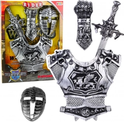 Duży zestaw rycerski maska zbroja miecz obrońcy srebrny