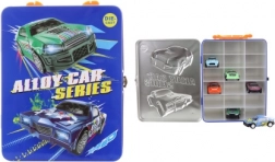 Metalowe pudełko na samochodziki z zestawem 6 metalowych pojazdów z napędem typu pull-back