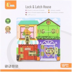 Drewniana tablica manipulacyjna domek Montessori z zamkami i zasuwkami