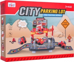 Strażacki garaż z miękkim autkiem – dwupoziomowy parking dla dzieci