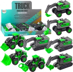 Pojazd budowlany z napędem naciągowym – mini koparka, ładowarka lub buldożer, zielony