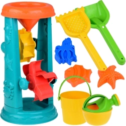Duży zestaw zabawek do piasku z wiaderkiem, grabkami i kołem wodnym
