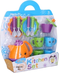 Kolorowy zestaw naczyń do herbaty z buźkami dla dzieci