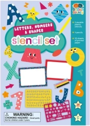 Szablony liter, cyfr i kształtów z zestawem kredek