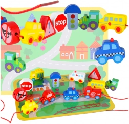 Drewniane koraliki do nawlekania – pojazdy i znaki drogowe z matą do zabawy