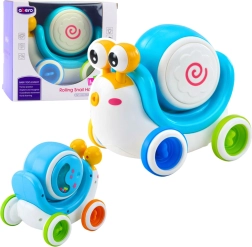 Interaktywny jeżdżący ślimak z muzycznym bębenkiem i efektami świetlnymi – niebieski