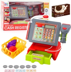 Dziecięca kasa fiskalna z akcesoriami, koszykiem i owocami – światła i dźwięki, czerwona