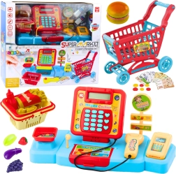 Dziecięcy zestaw do zabawy: kasa, koszyk i artykuły spożywcze z efektami