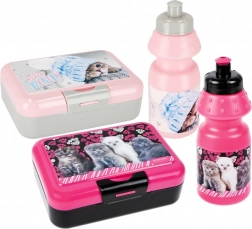 Zestaw dla dzieci: pudełko śniadaniowe i butelka z kotkiem