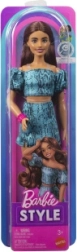 Mattel Barbie Fashionistas – kolekcjonerska lalka z ciemnymi włosami w dwuczęściowym turkusowym outficie