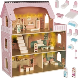 Drewniany domek dla lalek z oświetleniem LED i meblami KRUZZEL