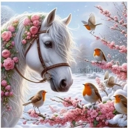 Mozaika diamentowa - Koń zimą z rudzikiem