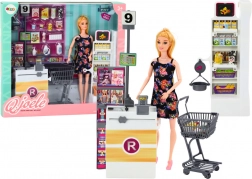 Lalka w supermarkecie z regałami, koszykiem i produktami spożywczymi