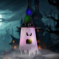 Halloweenska wisząca dekoracja LED duch różowa