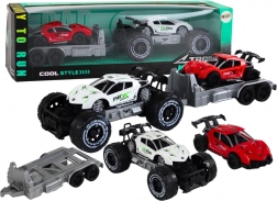 Auto terenowe z przyczepą i czerwonym autem sportowym zestaw