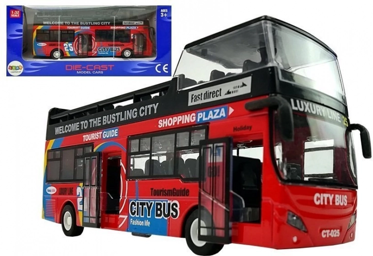 Piętrowy autobus miejski 1:32 z drzwiami, światłami i dźwiękami – czerwony
