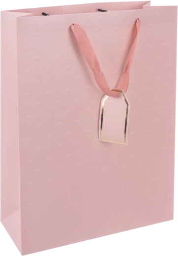 Różowa papierowa torba prezentowa z tłoczonymi serduszkami 30,5 × 12 × 42 cm