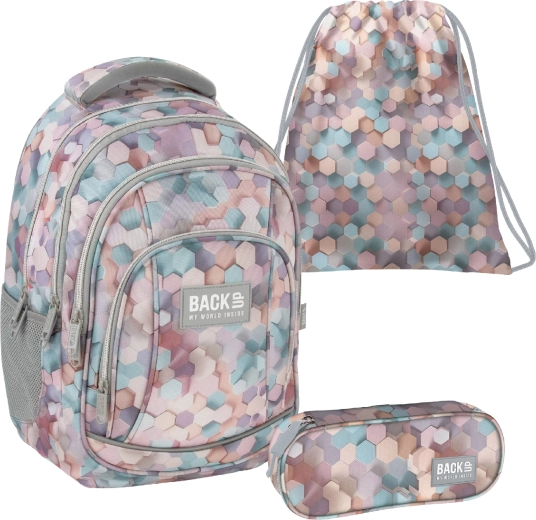 Zestaw szkolny BackUP Geometric Beige 3w1 – plecak, piórnik i worek