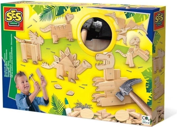 Drewniany zestaw do wbijania SES – dinozaury