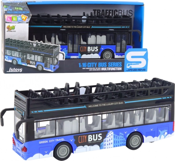 Dwupoziomowy autobus miejski 1:16 z napędem, światłami i dźwiękami – niebieski