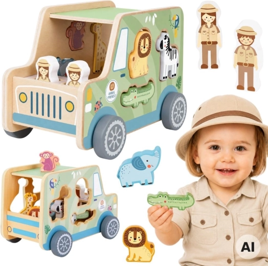 Drewniane safari auto z wkładanymi zwierzątkami Tooky Toy