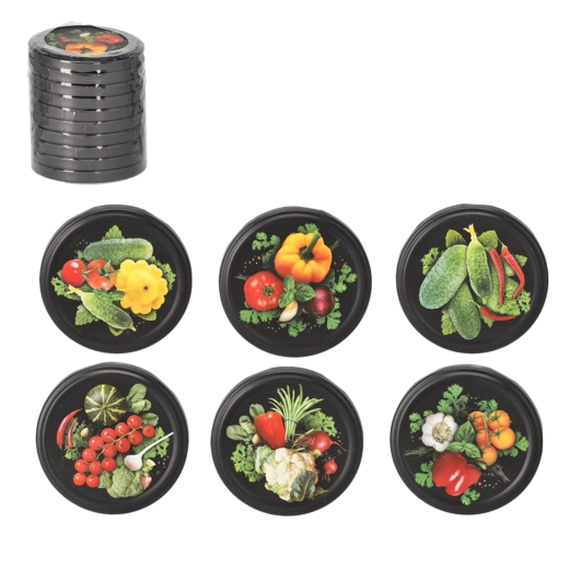 Zestaw matowych czarnych wieczek do wekowania 82 mm z motywem warzyw, 10 szt.