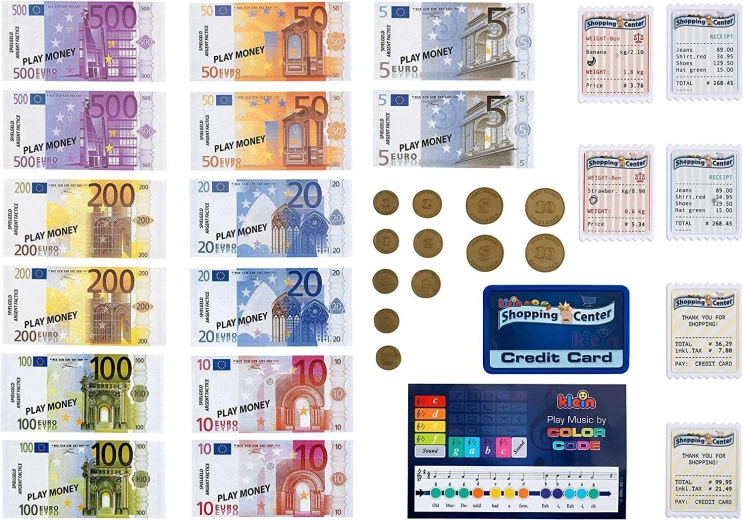 Monety euro, banknoty i paragony do nauki i zabawy