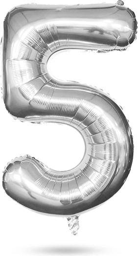 Srebrny foliowy balon urodzinowy w kształcie cyfry 5, 40 cali