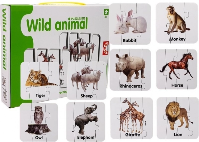 Edukacyjne puzzle – dzikie zwierzęta, 10 par, angielskie słówka