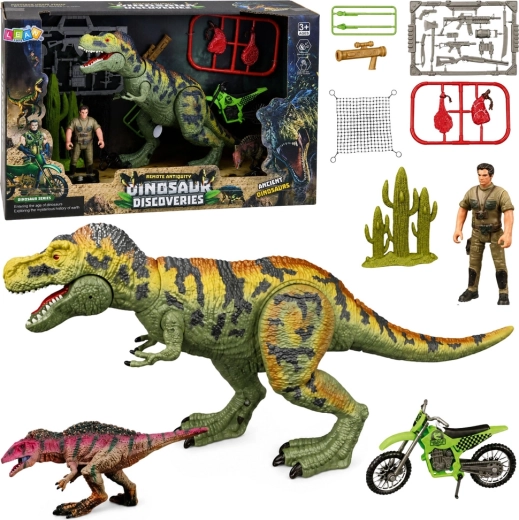 Dziecięcy zestaw z dinozaurami T-Rex z dźwiękami, myśliwym i motocyklem